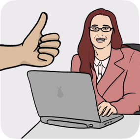 A woman working in front of a laptop, at her right stands an hand thumbs up
